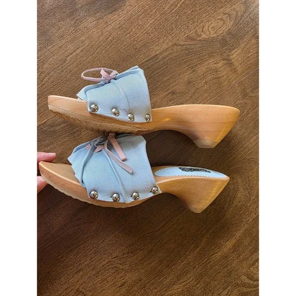 Salpy the kate wood sandals Clogs Wooden Light Blue Pink Bows Studded Size 6 - Picture 4 of 11